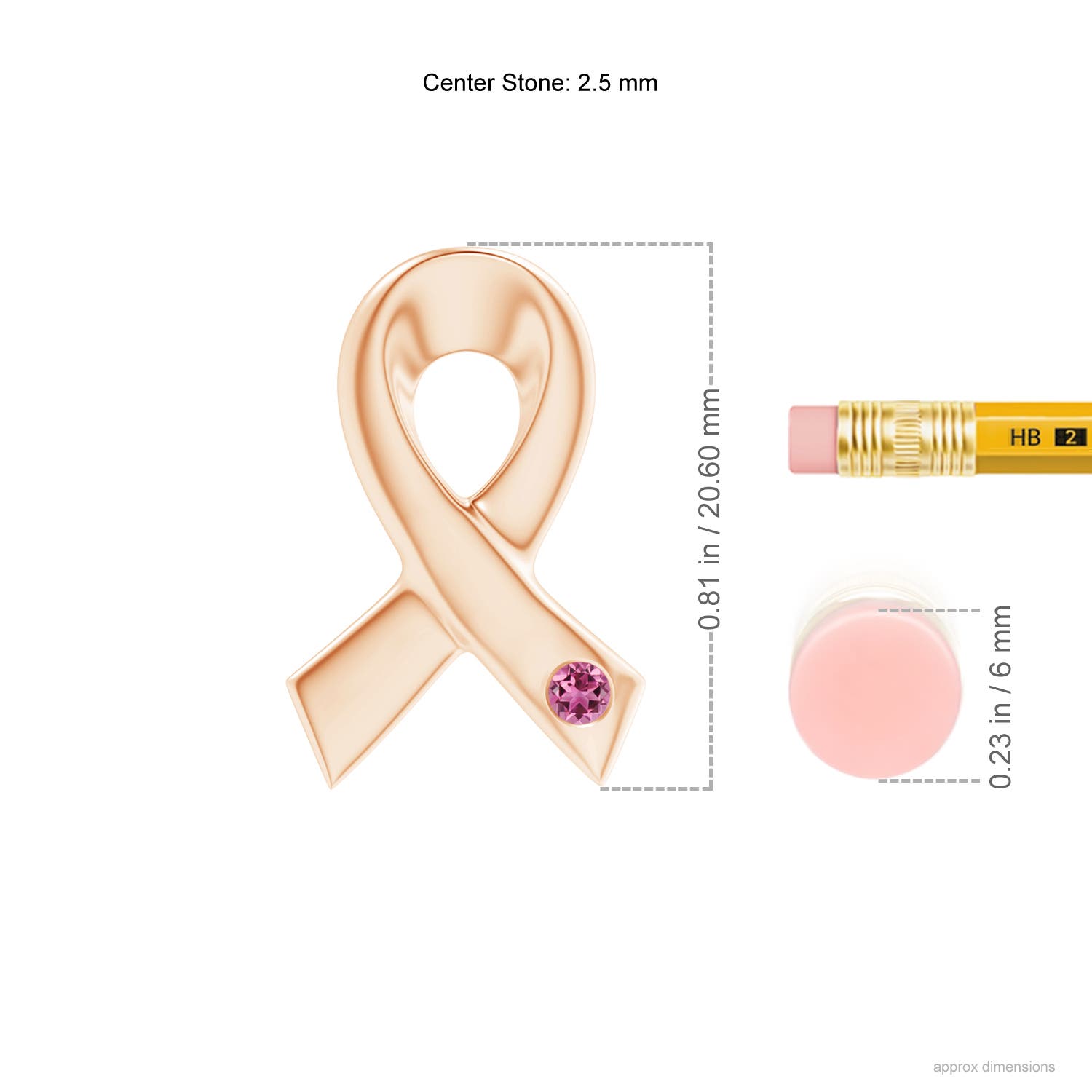 2.5mm AAAA Gypsy-Set Round Pink Tourmaline Ribbon Pendant in Rose Gold - ruler