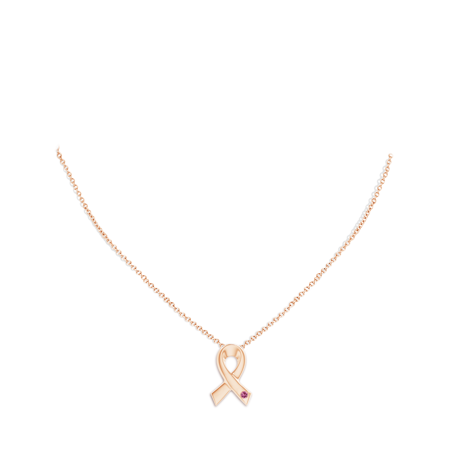 2.5mm AAAA Gypsy-Set Round Pink Tourmaline Ribbon Pendant in Rose Gold - body_neck