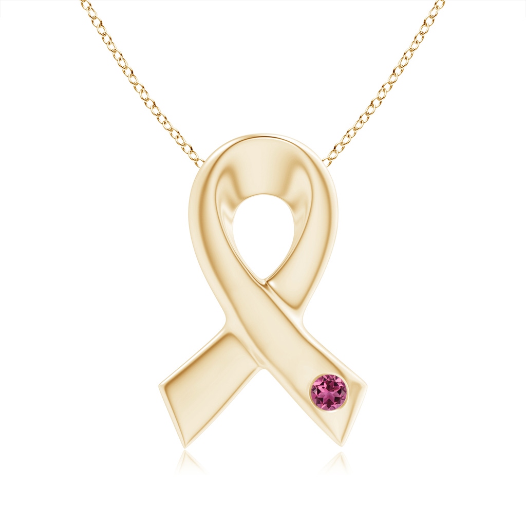 2.5mm AAAA Gypsy-Set Round Pink Tourmaline Ribbon Pendant in Yellow Gold