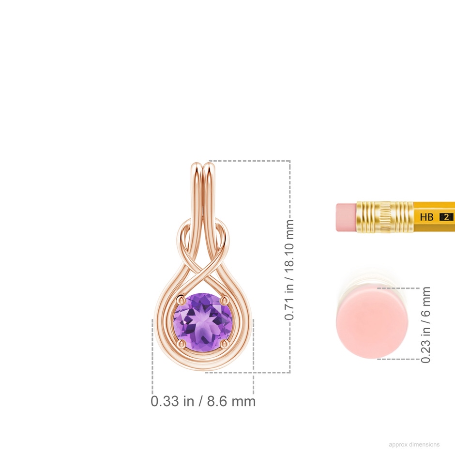 5mm A Round Amethyst Solitaire Infinity Knot Pendant in Rose Gold ruler