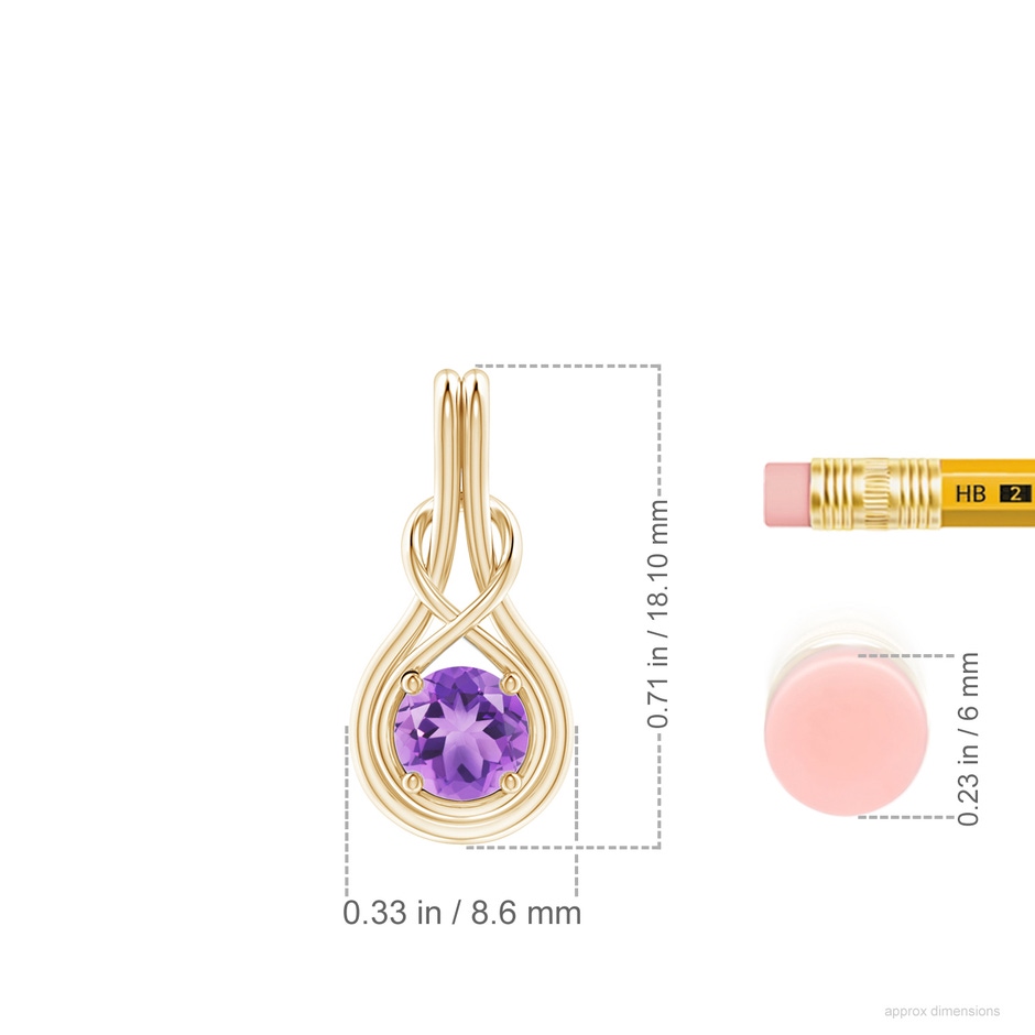 5mm A Round Amethyst Solitaire Infinity Knot Pendant in Yellow Gold ruler
