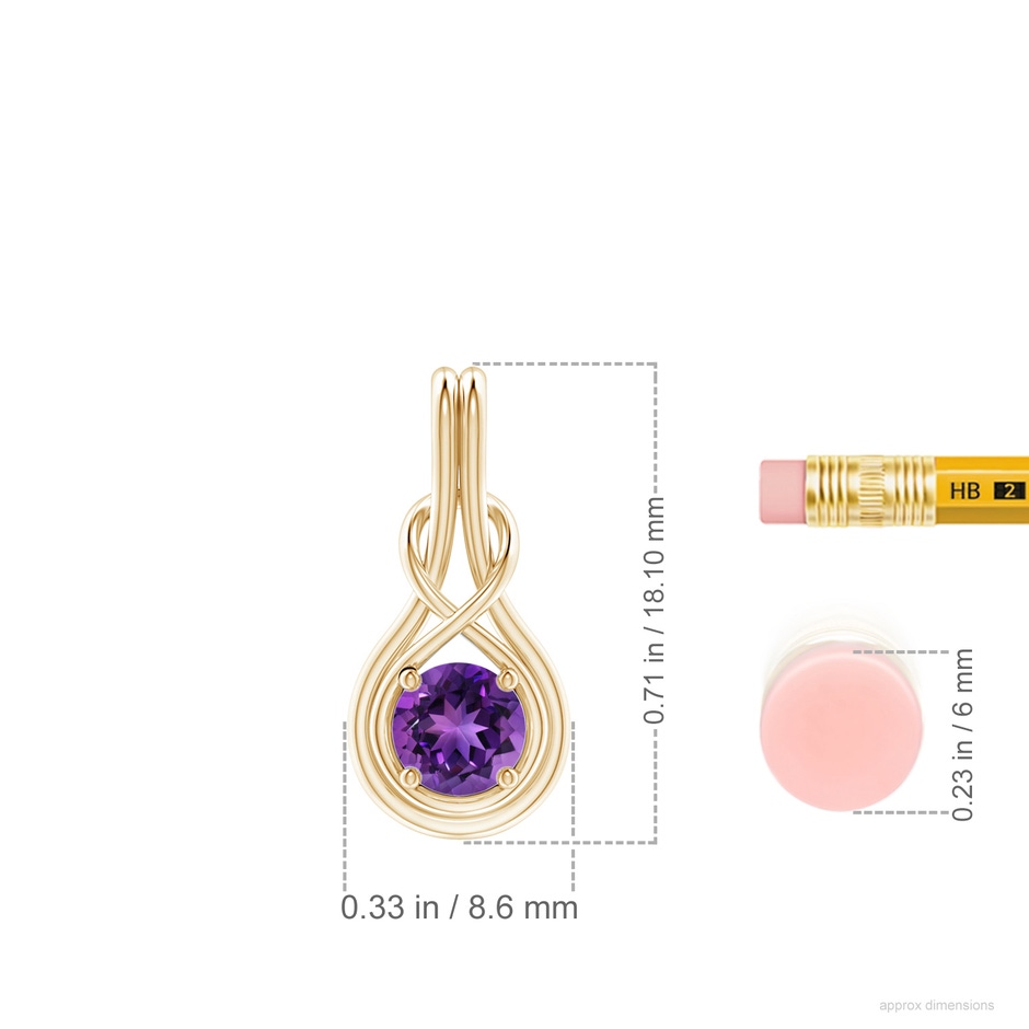 5mm AAAA Round Amethyst Solitaire Infinity Knot Pendant in Yellow Gold ruler