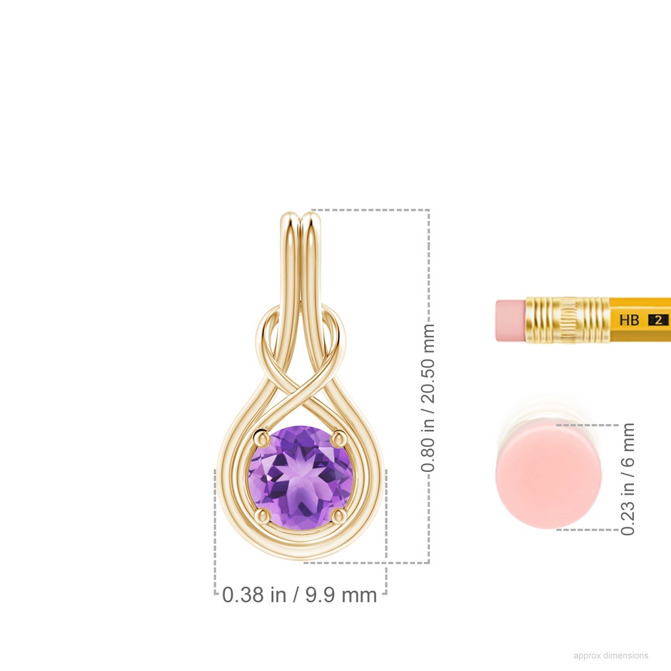 6mm A Round Amethyst Solitaire Infinity Knot Pendant in Yellow Gold ruler