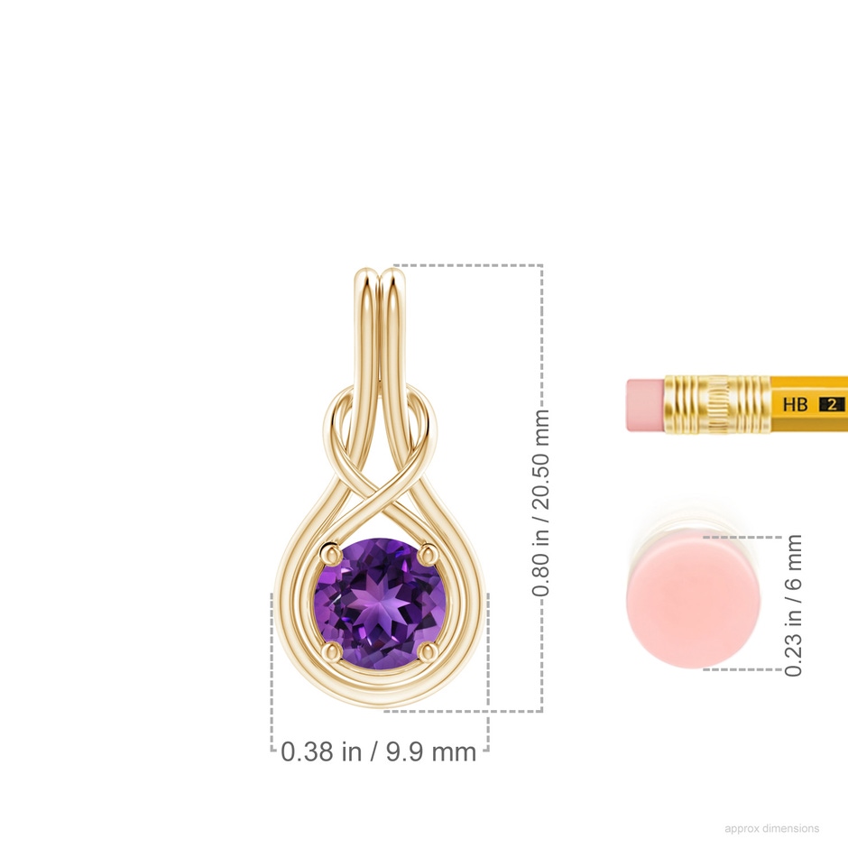 6mm AAAA Round Amethyst Solitaire Infinity Knot Pendant in Yellow Gold ruler