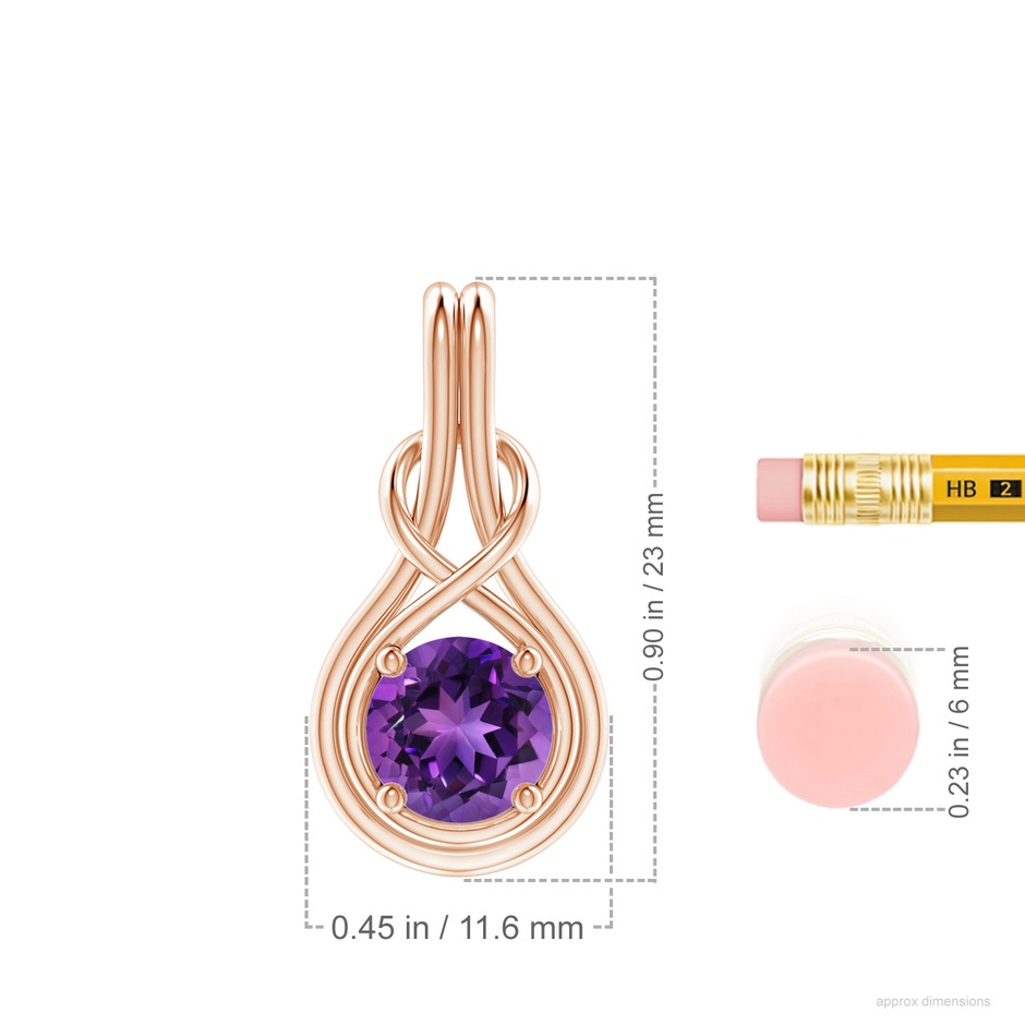 7mm AAAA Round Amethyst Solitaire Infinity Knot Pendant in 18K Rose Gold ruler