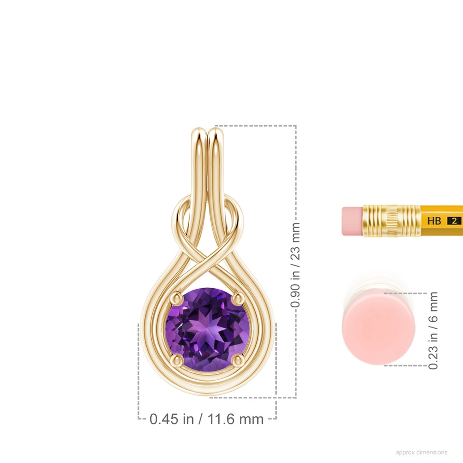 7mm AAAA Round Amethyst Solitaire Infinity Knot Pendant in 18K Yellow Gold ruler