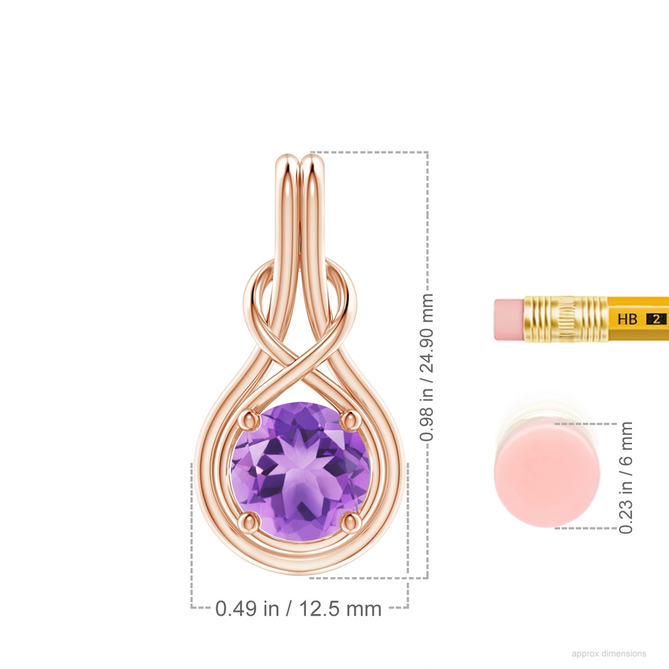 8mm A Round Amethyst Solitaire Infinity Knot Pendant in Rose Gold ruler
