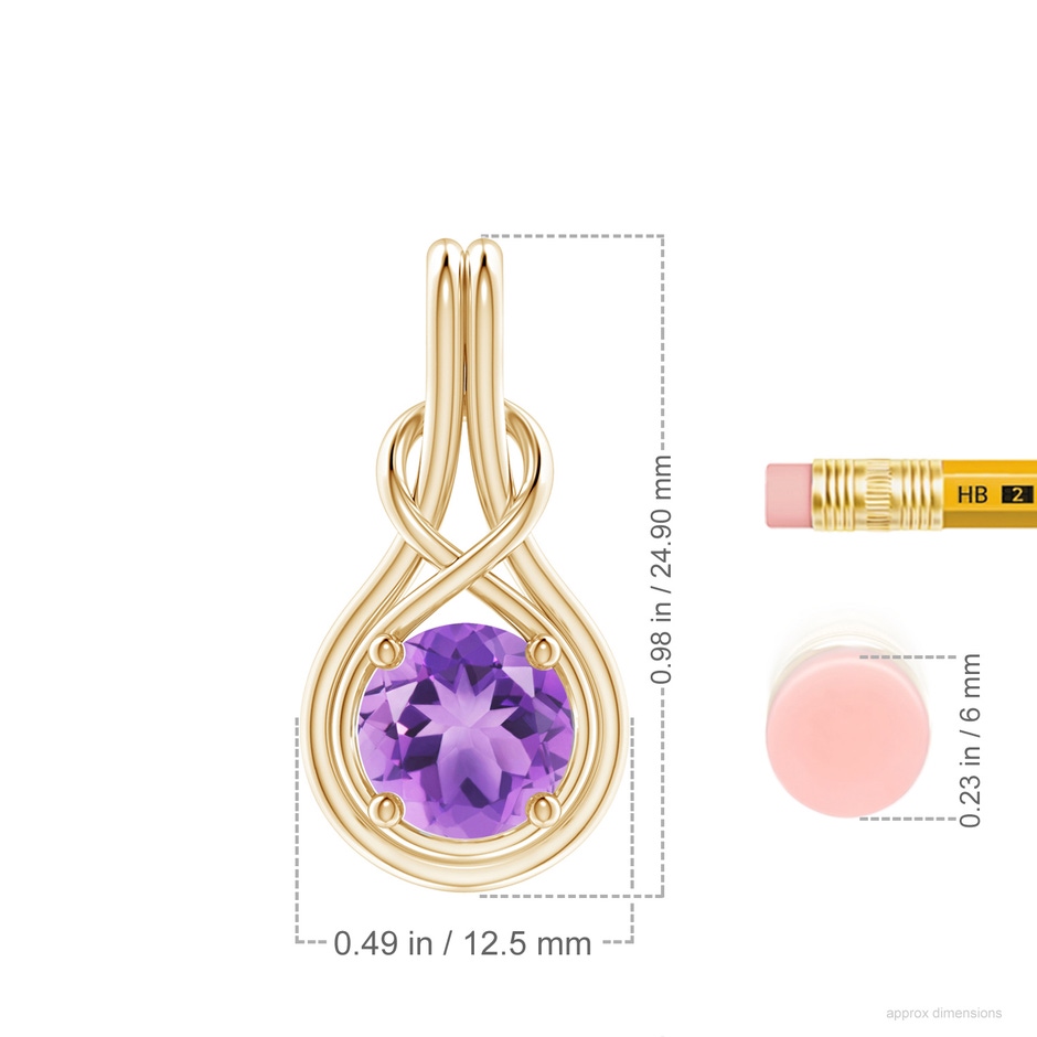 8mm A Round Amethyst Solitaire Infinity Knot Pendant in Yellow Gold ruler