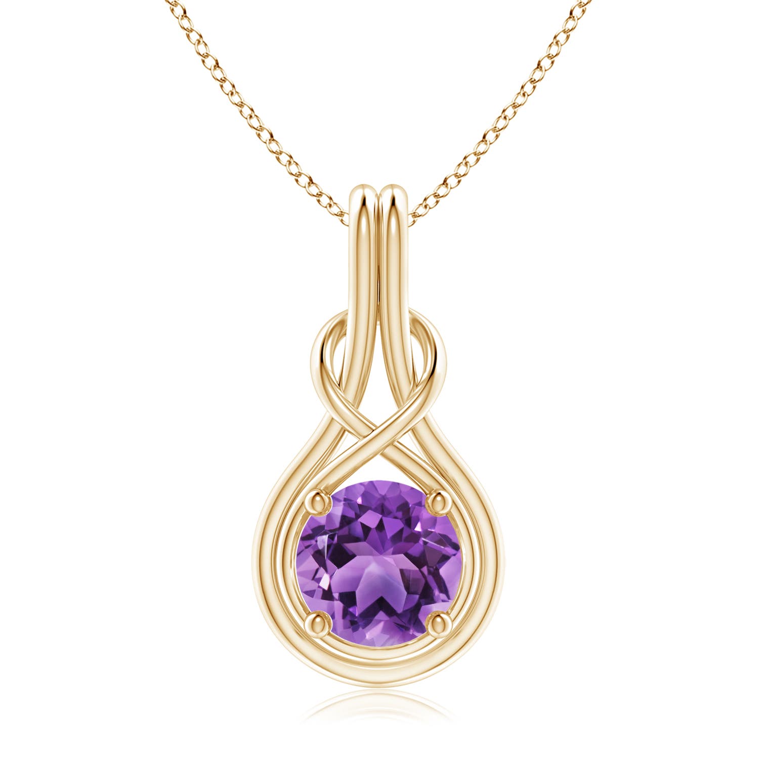 8mm AA Round Amethyst Solitaire Infinity Knot Pendant in 18CT Yellow Gold