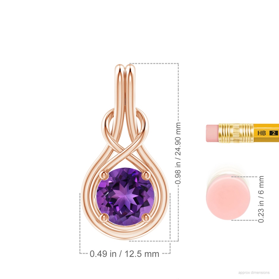 8mm AAAA Round Amethyst Solitaire Infinity Knot Pendant in Rose Gold ruler