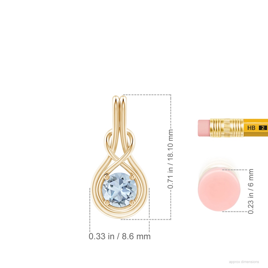 5mm A Round Aquamarine Solitaire Infinity Knot Pendant in Yellow Gold ruler