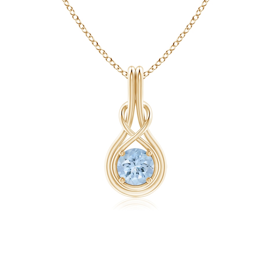 5mm AA Round Aquamarine Solitaire Infinity Knot Pendant in Yellow Gold 