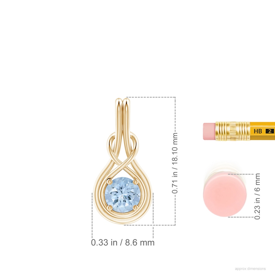 5mm AA Round Aquamarine Solitaire Infinity Knot Pendant in Yellow Gold ruler