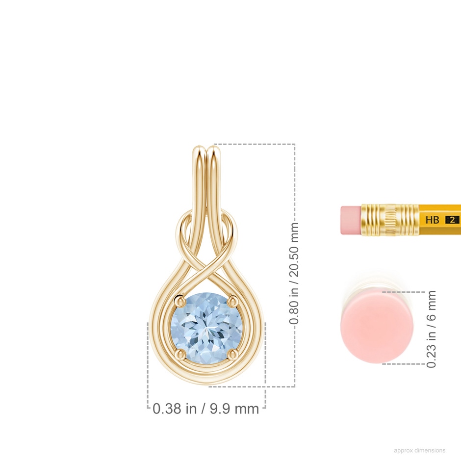 6mm AA Round Aquamarine Solitaire Infinity Knot Pendant in Yellow Gold ruler