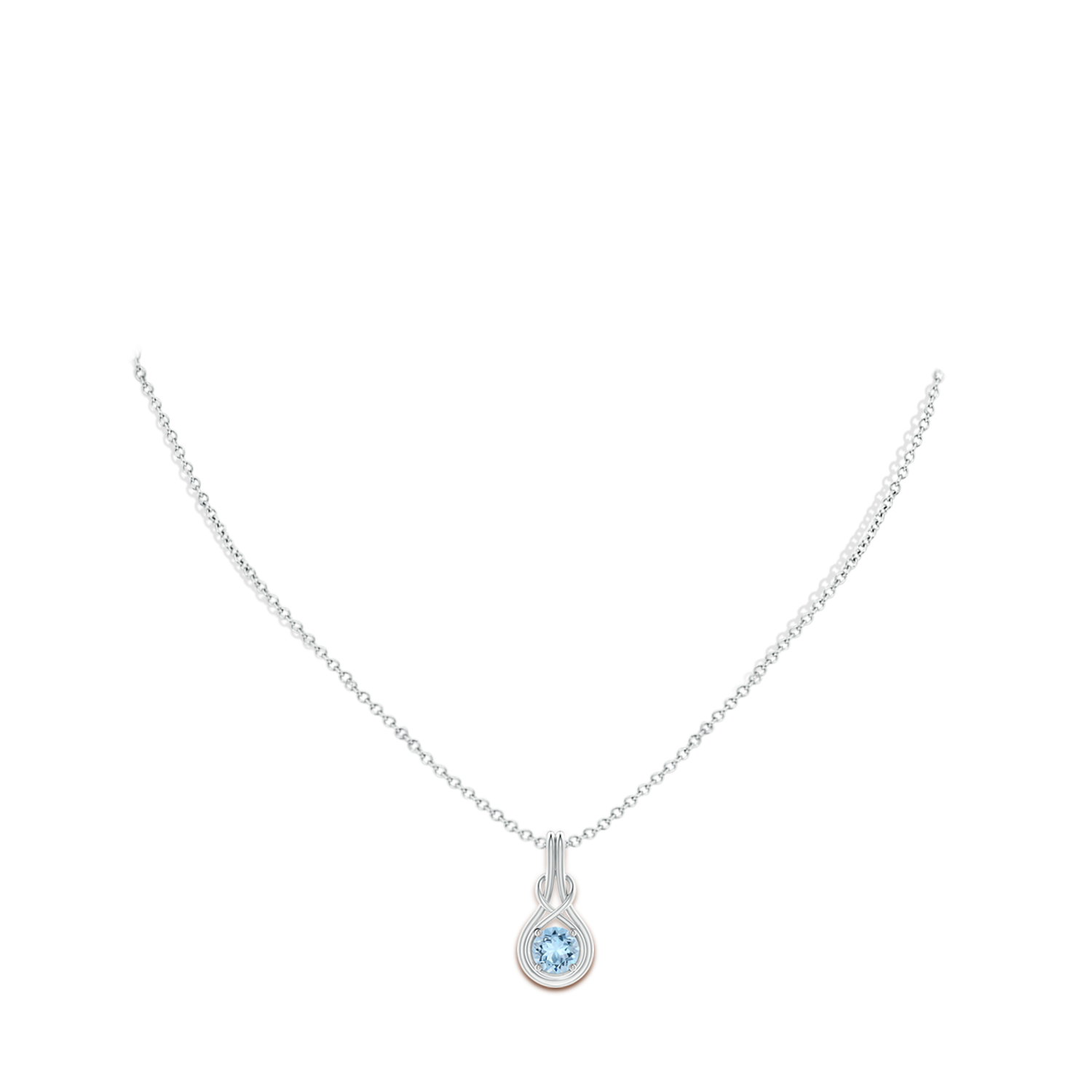 6mm AAA Round Aquamarine Solitaire Infinity Knot Pendant in 18K White Gold - body_neck