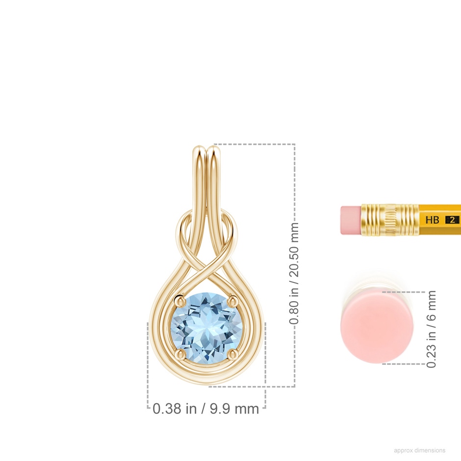 6mm AAA Round Aquamarine Solitaire Infinity Knot Pendant in Yellow Gold ruler