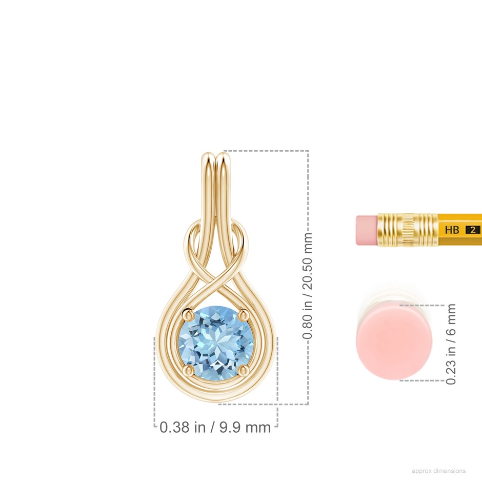 6mm AAAA Round Aquamarine Solitaire Infinity Knot Pendant in Yellow Gold ruler