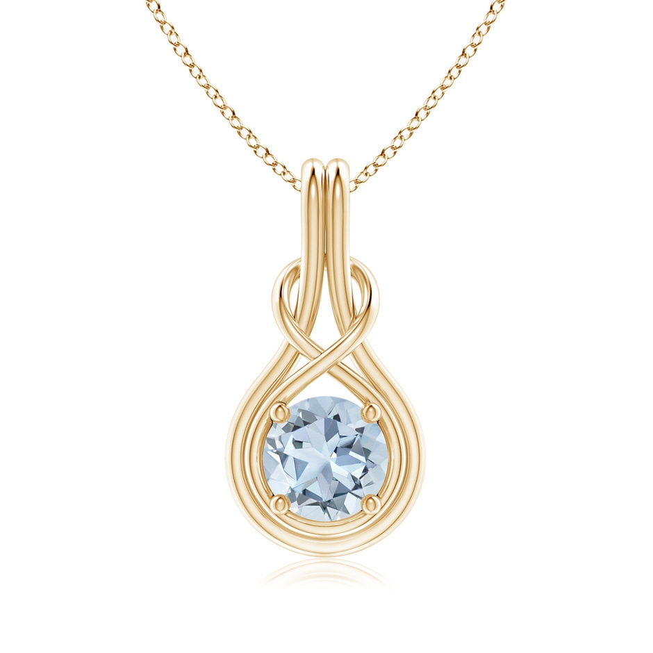 7mm A Round Aquamarine Solitaire Infinity Knot Pendant in Yellow Gold 