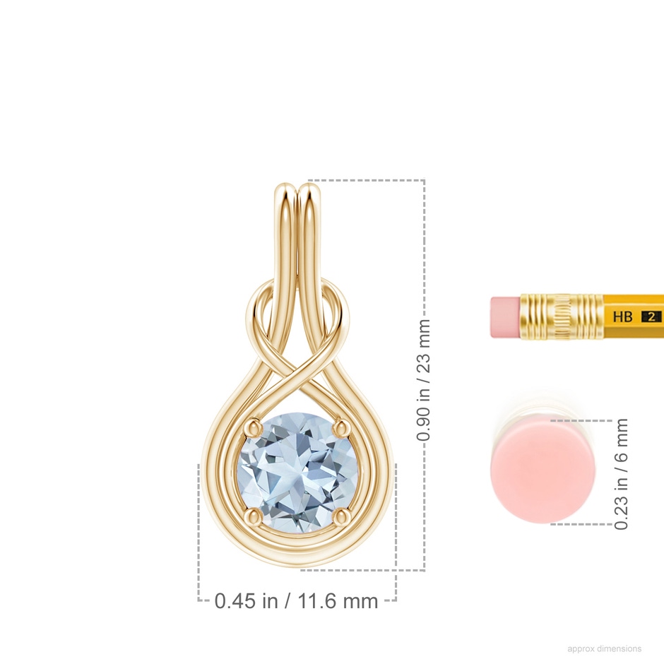 7mm A Round Aquamarine Solitaire Infinity Knot Pendant in Yellow Gold ruler