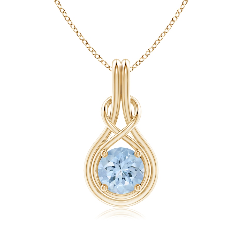 7mm AA Round Aquamarine Solitaire Infinity Knot Pendant in Yellow Gold 