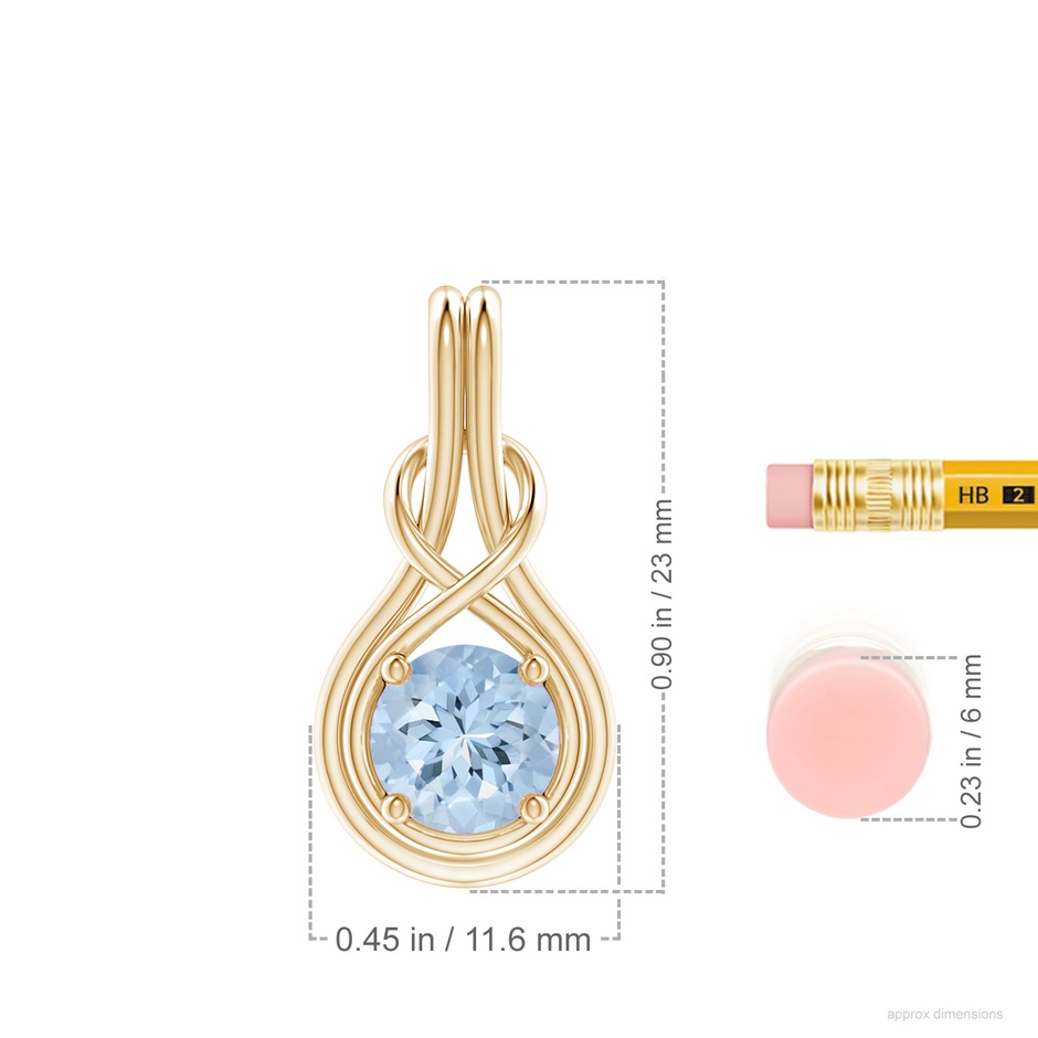 7mm AA Round Aquamarine Solitaire Infinity Knot Pendant in Yellow Gold ruler