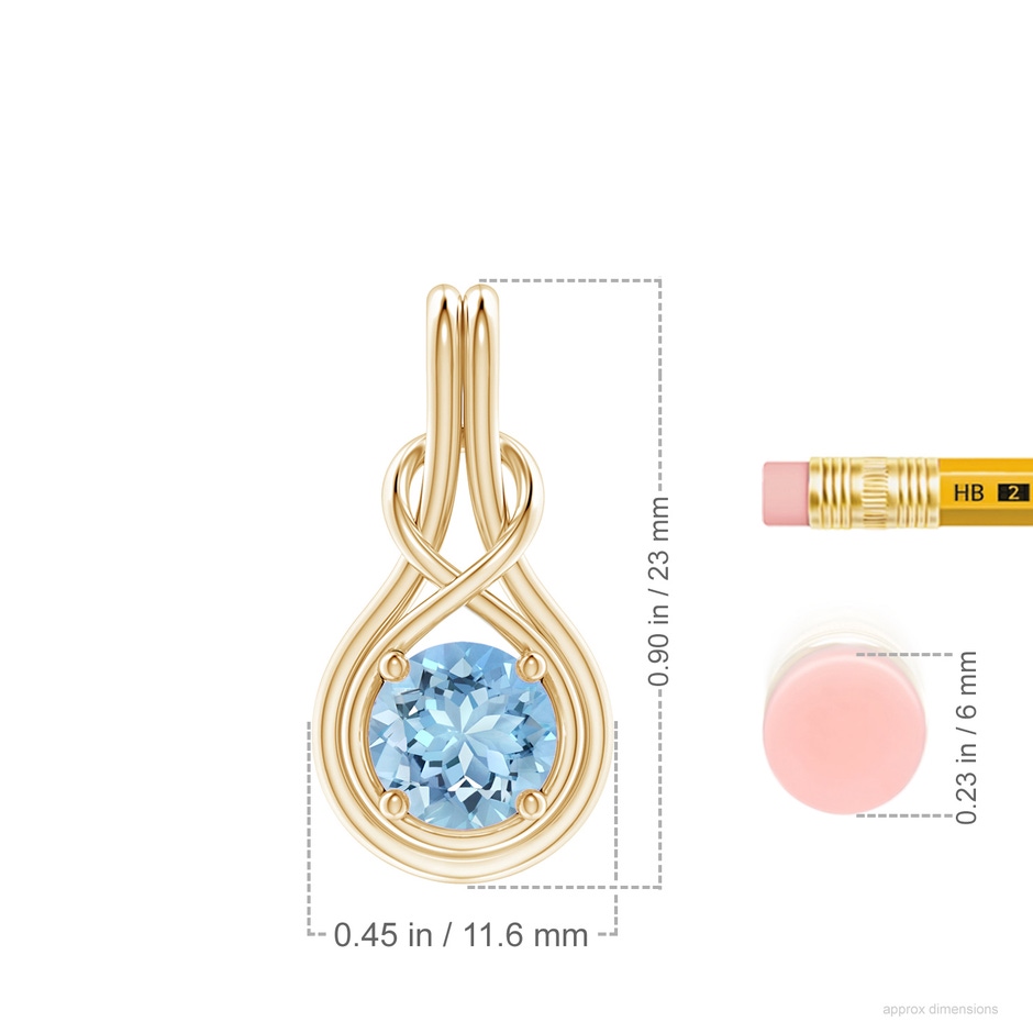 7mm AAAA Round Aquamarine Solitaire Infinity Knot Pendant in Yellow Gold ruler