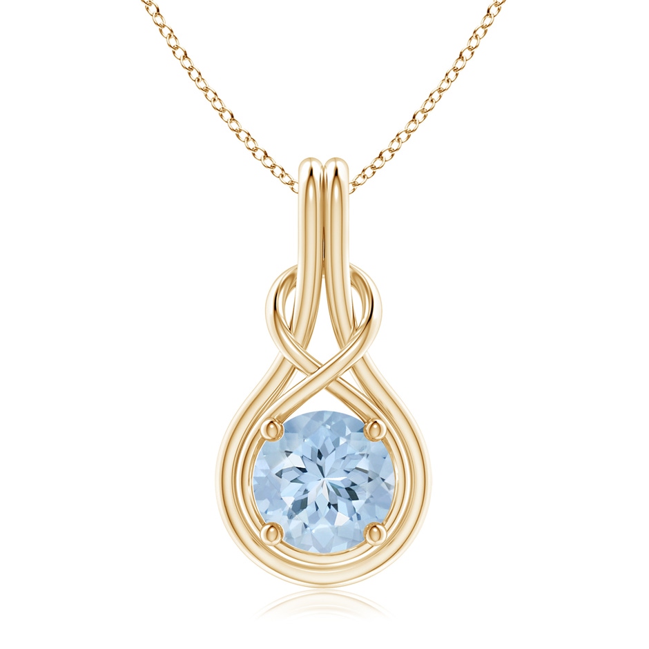 8mm AA Round Aquamarine Solitaire Infinity Knot Pendant in Yellow Gold 