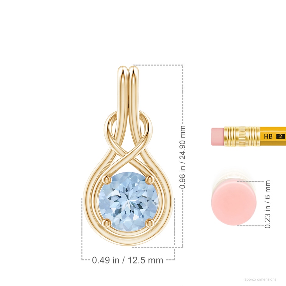 8mm AA Round Aquamarine Solitaire Infinity Knot Pendant in Yellow Gold ruler