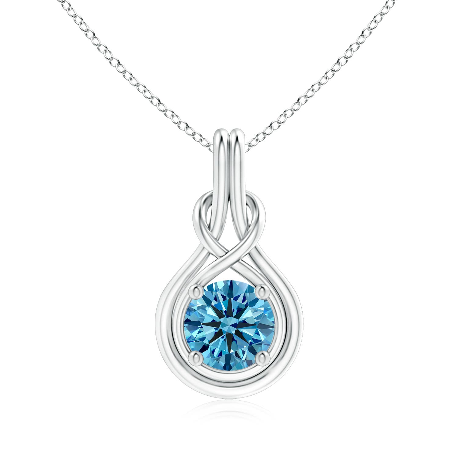 8.1mm AAAA Round Fancy Intense Blue Diamond Solitaire Infinity Knot Pendant in 18K White Gold