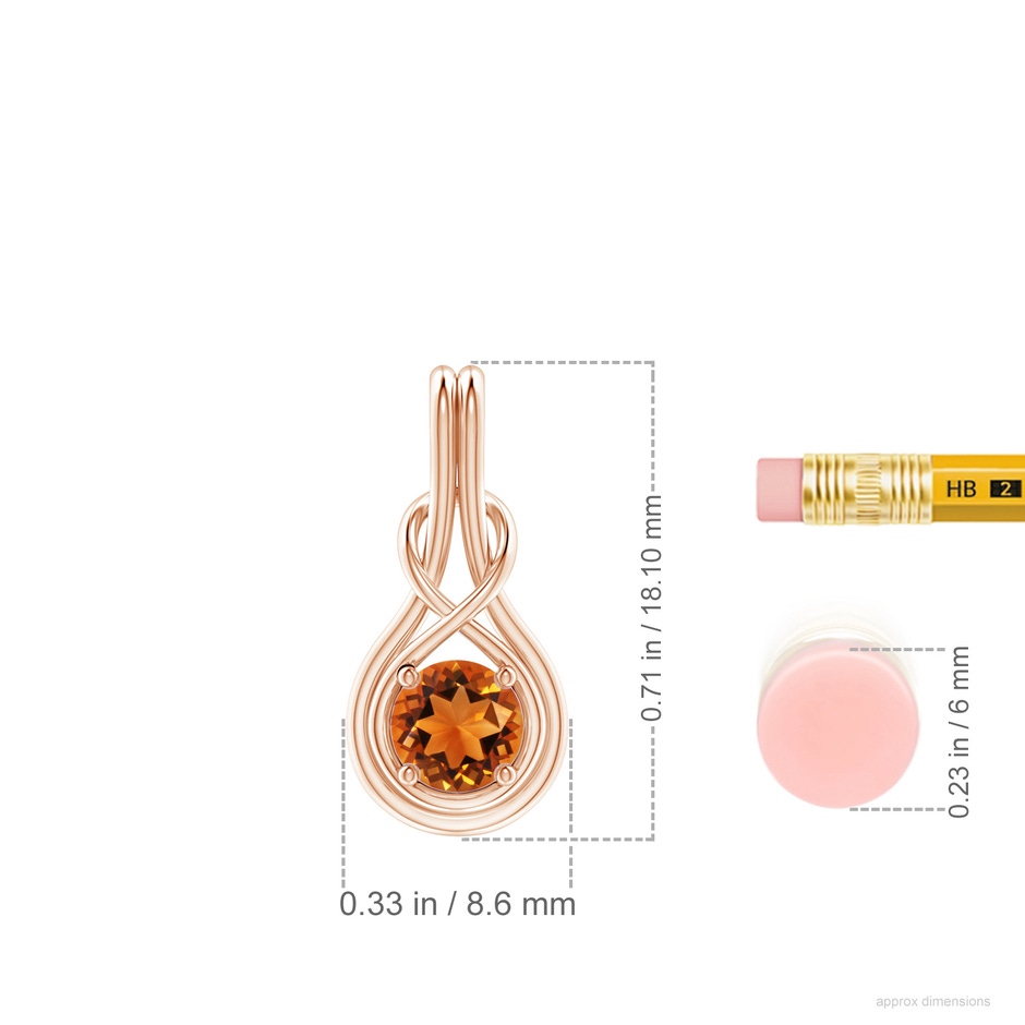 5mm AAAA Round Citrine Solitaire Infinity Knot Pendant in Rose Gold ruler