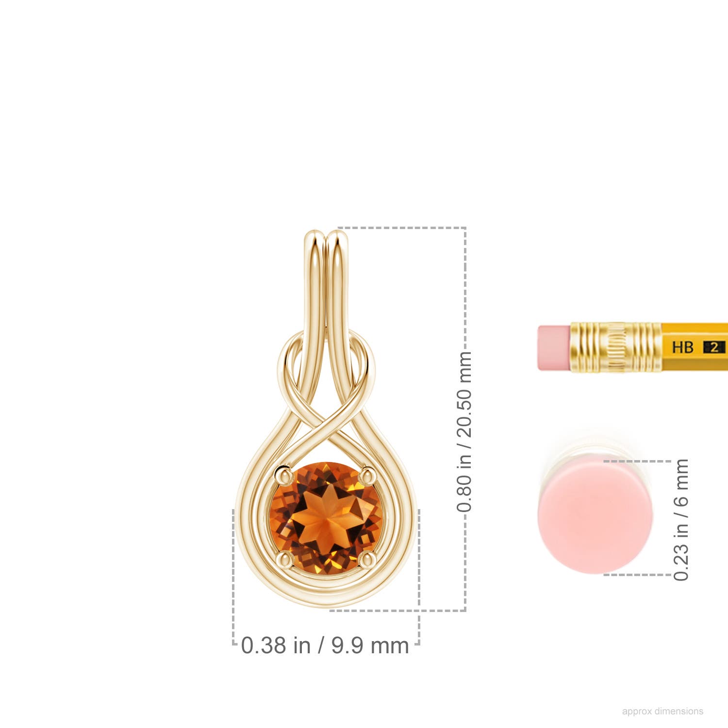 6mm AAAA Round Citrine Solitaire Infinity Knot Pendant in Yellow Gold - ruler