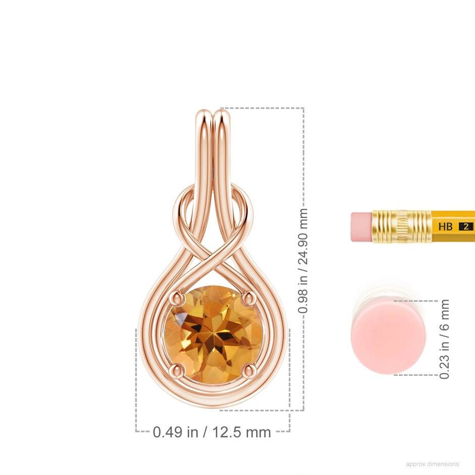 8mm AA Round Citrine Solitaire Infinity Knot Pendant in Rose Gold ruler