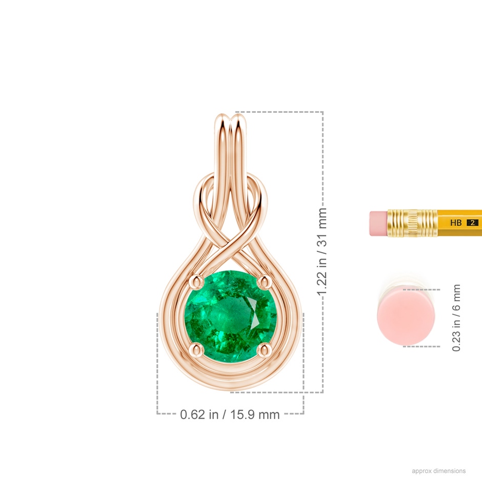 10mm AAA Round Emerald Solitaire Infinity Knot Pendant in Rose Gold ruler