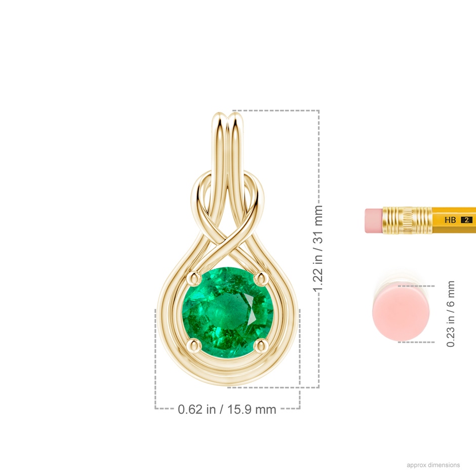 10mm AAA Round Emerald Solitaire Infinity Knot Pendant in Yellow Gold ruler
