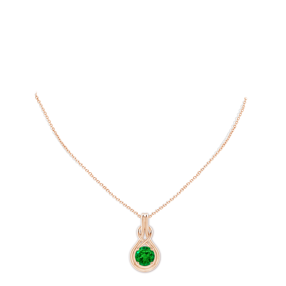 10mm AAAA Round Emerald Solitaire Infinity Knot Pendant in Rose Gold pen