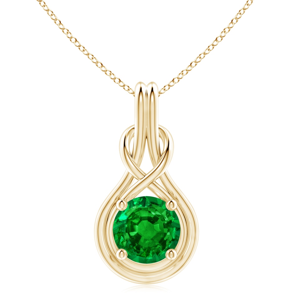 10mm AAAA Round Emerald Solitaire Infinity Knot Pendant in Yellow Gold 