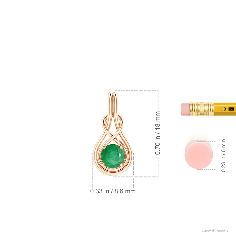 5mm A Round Emerald Solitaire Infinity Knot Pendant in Rose Gold ruler