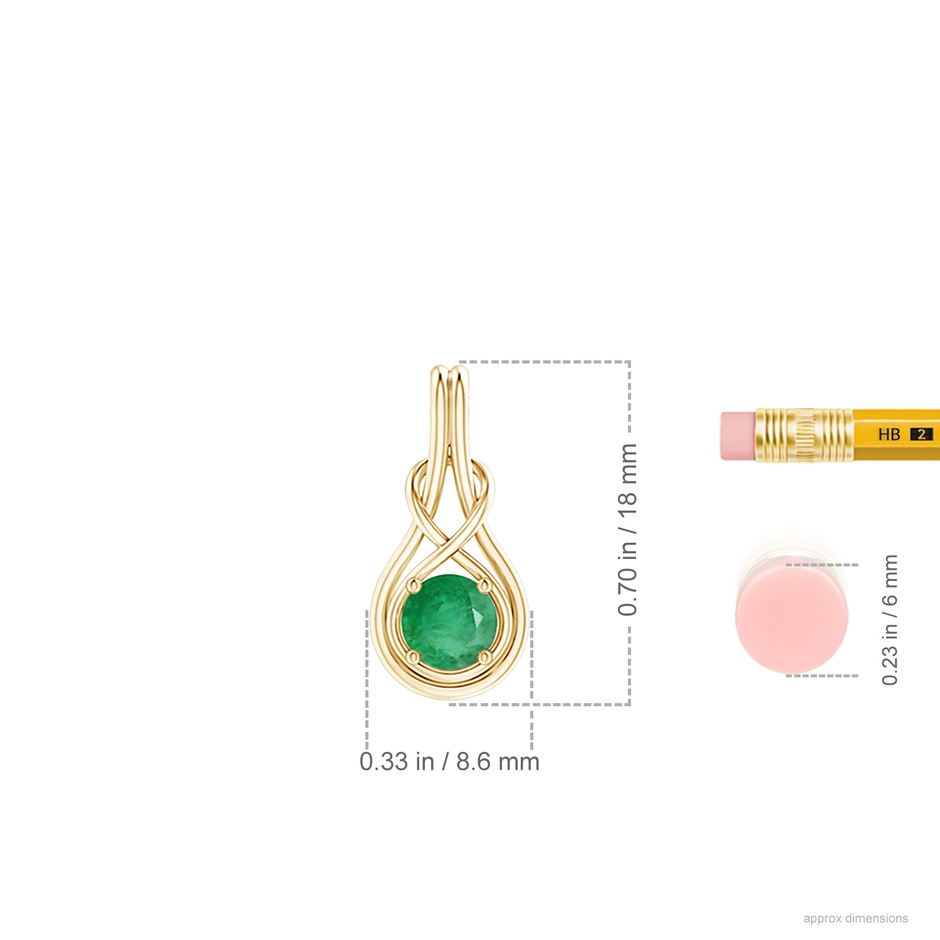 5mm A Round Emerald Solitaire Infinity Knot Pendant in Yellow Gold ruler