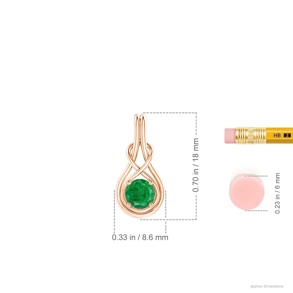 5mm AA Round Emerald Solitaire Infinity Knot Pendant in Rose Gold ruler