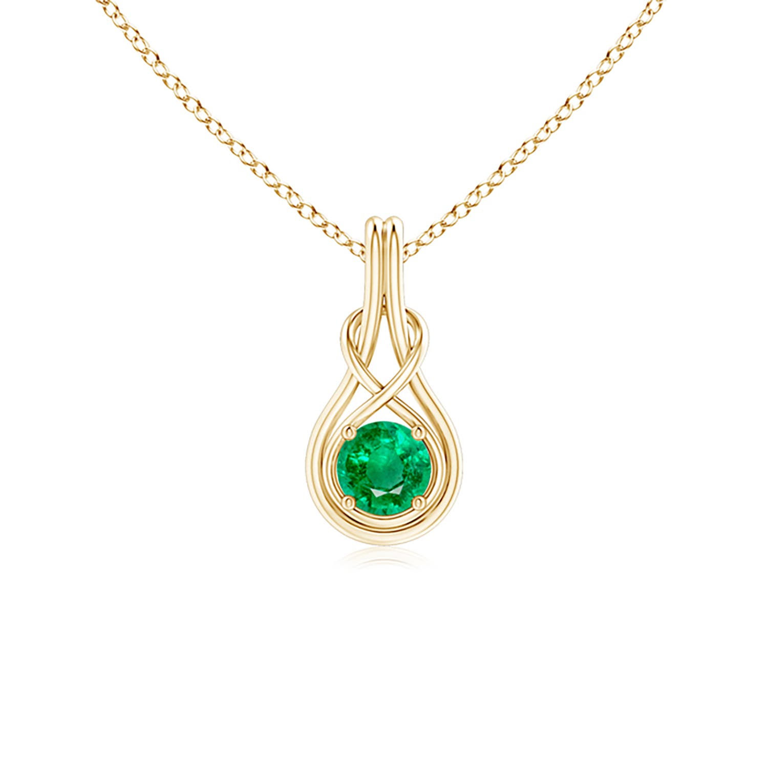 5mm AAA Round Emerald Solitaire Infinity Knot Pendant in 18CT Yellow Gold