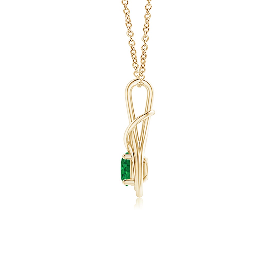 5mm AAA Round Emerald Solitaire Infinity Knot Pendant in Yellow Gold - side 3