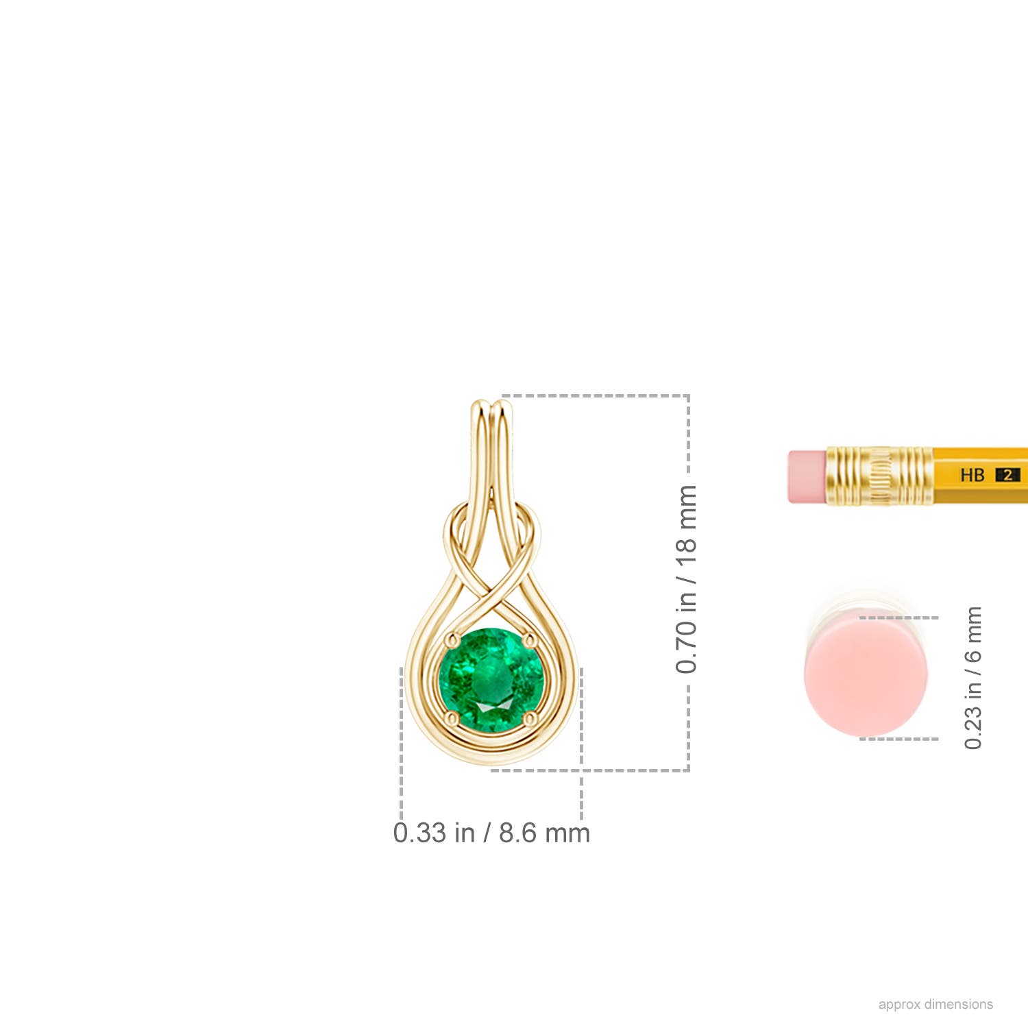 5mm AAA Round Emerald Solitaire Infinity Knot Pendant in Yellow Gold - ruler