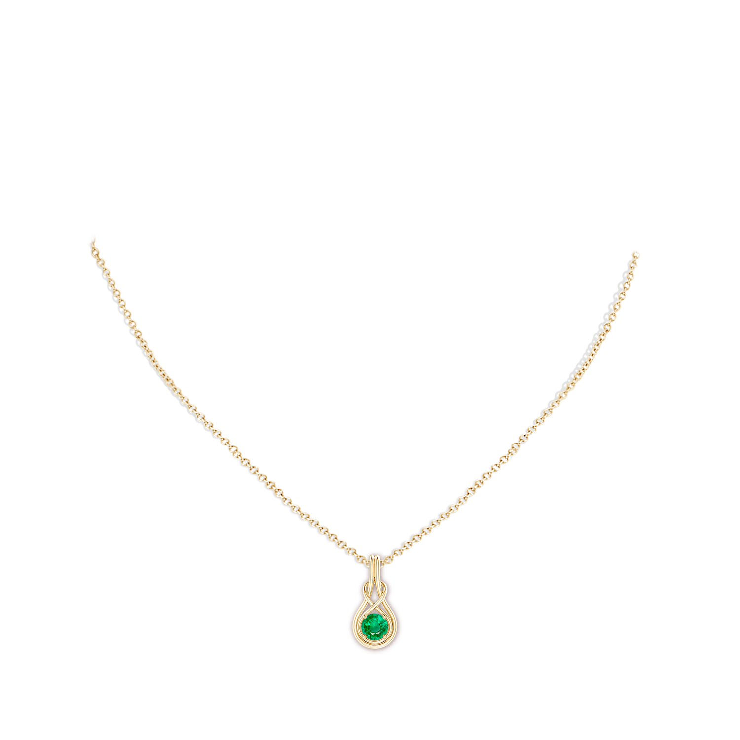 5mm AAA Round Emerald Solitaire Infinity Knot Pendant in Yellow Gold - body_neck