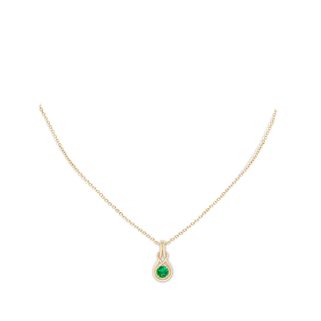 5mm AAA Round Emerald Solitaire Infinity Knot Pendant in Yellow Gold - body_neck