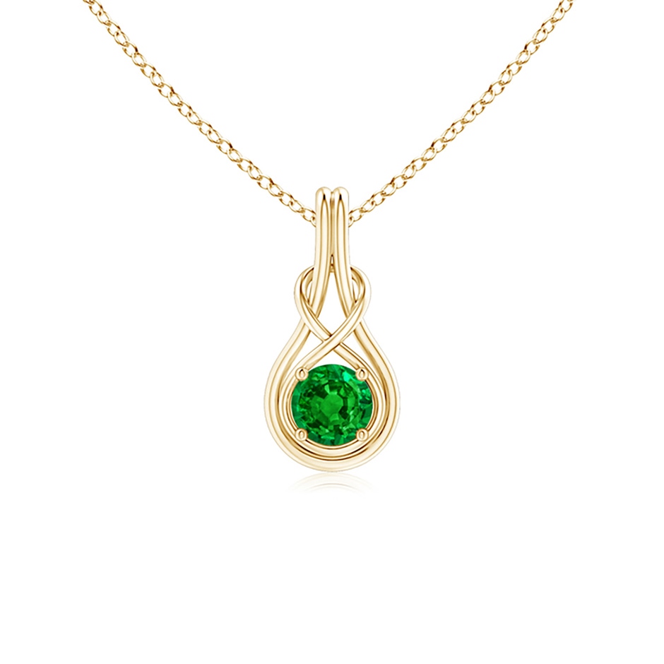 5mm AAAA Round Emerald Solitaire Infinity Knot Pendant in 18K Yellow Gold 