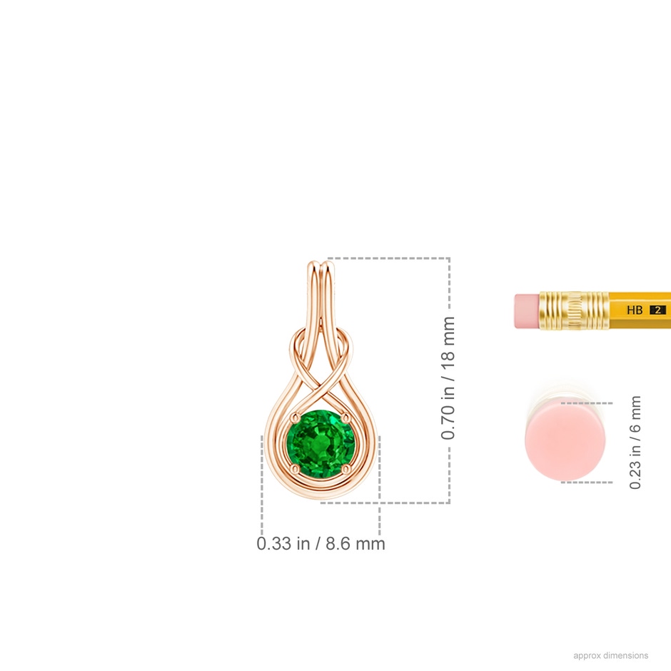 5mm AAAA Round Emerald Solitaire Infinity Knot Pendant in Rose Gold ruler