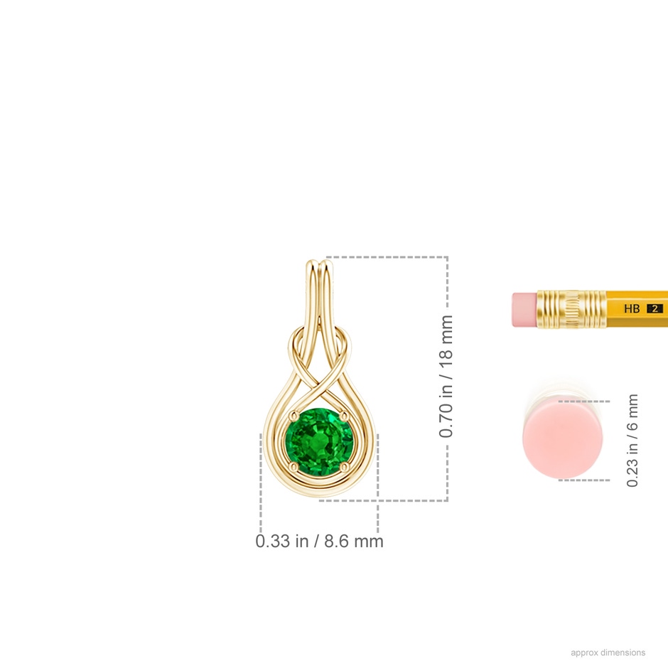 5mm AAAA Round Emerald Solitaire Infinity Knot Pendant in Yellow Gold ruler