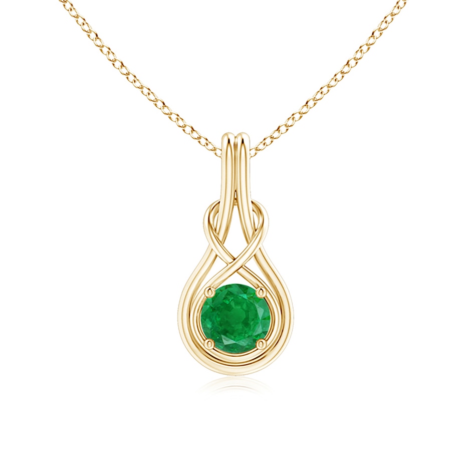 6mm AA Round Emerald Solitaire Infinity Knot Pendant in Yellow Gold 