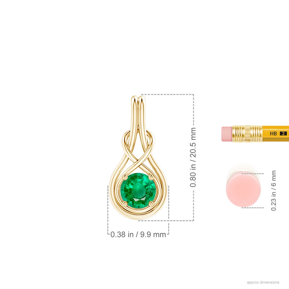 6mm AAA Round Emerald Solitaire Infinity Knot Pendant in Yellow Gold ruler
