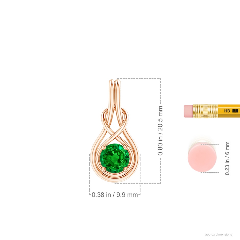 6mm AAAA Round Emerald Solitaire Infinity Knot Pendant in Rose Gold ruler